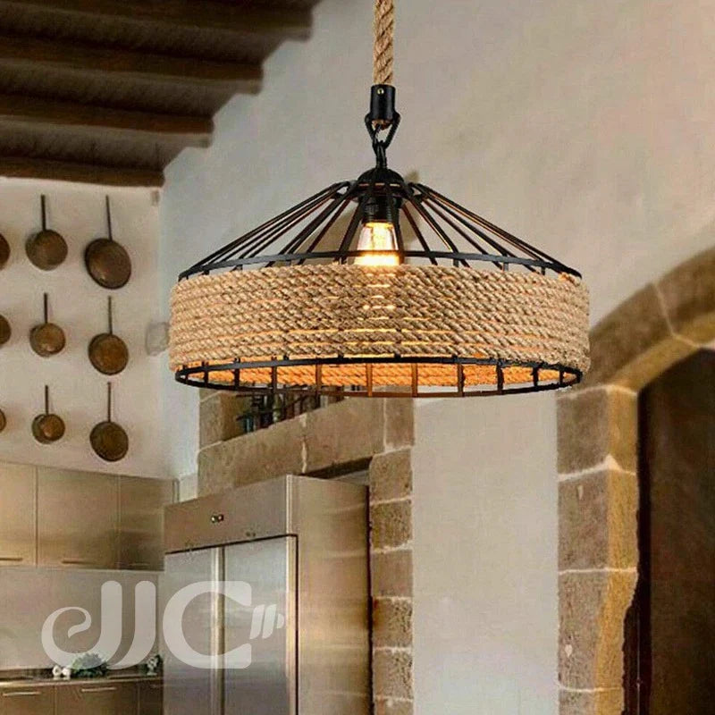 Vintage Metal Tradition Pendant Light Industrial Hemp Rope Hanging Lamp