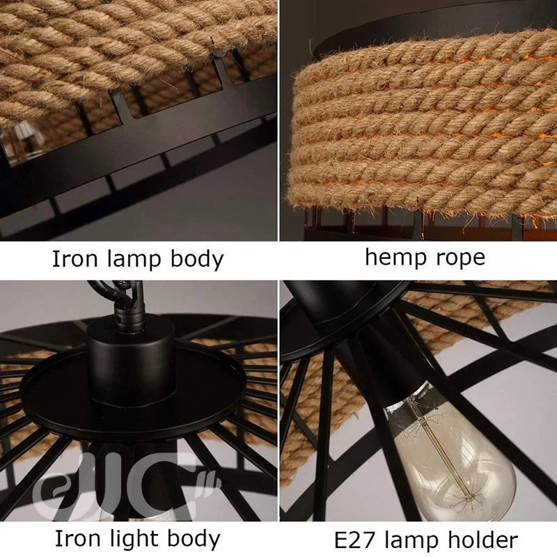 Vintage Metal Tradition Pendant Light Industrial Hemp Rope Hanging Lamp